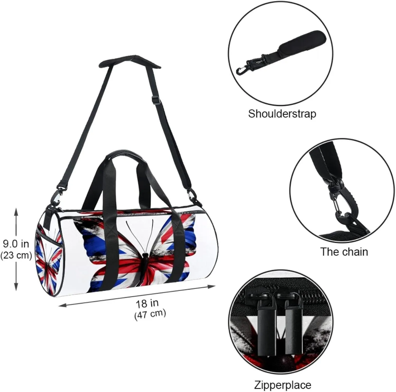 Gym Bags for Women,Duffle Bag for Travel,British Flag Butterfly Flying,Gym Bag for Men