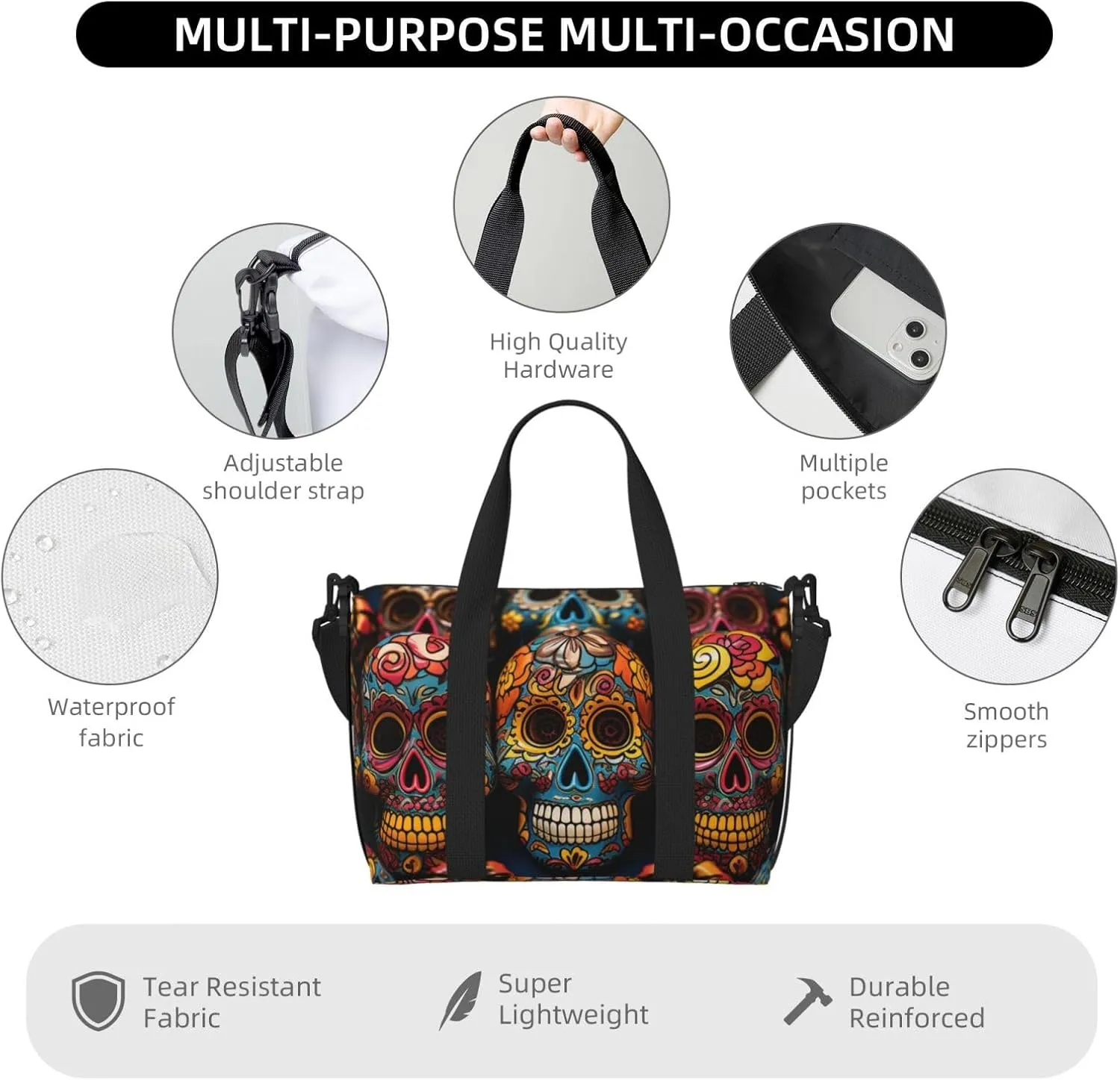Gym Bags Small Colorful Sugar Skulls Duffel Bag Overnight Bag with Shoe Compartment Carryon Bag for Men Women