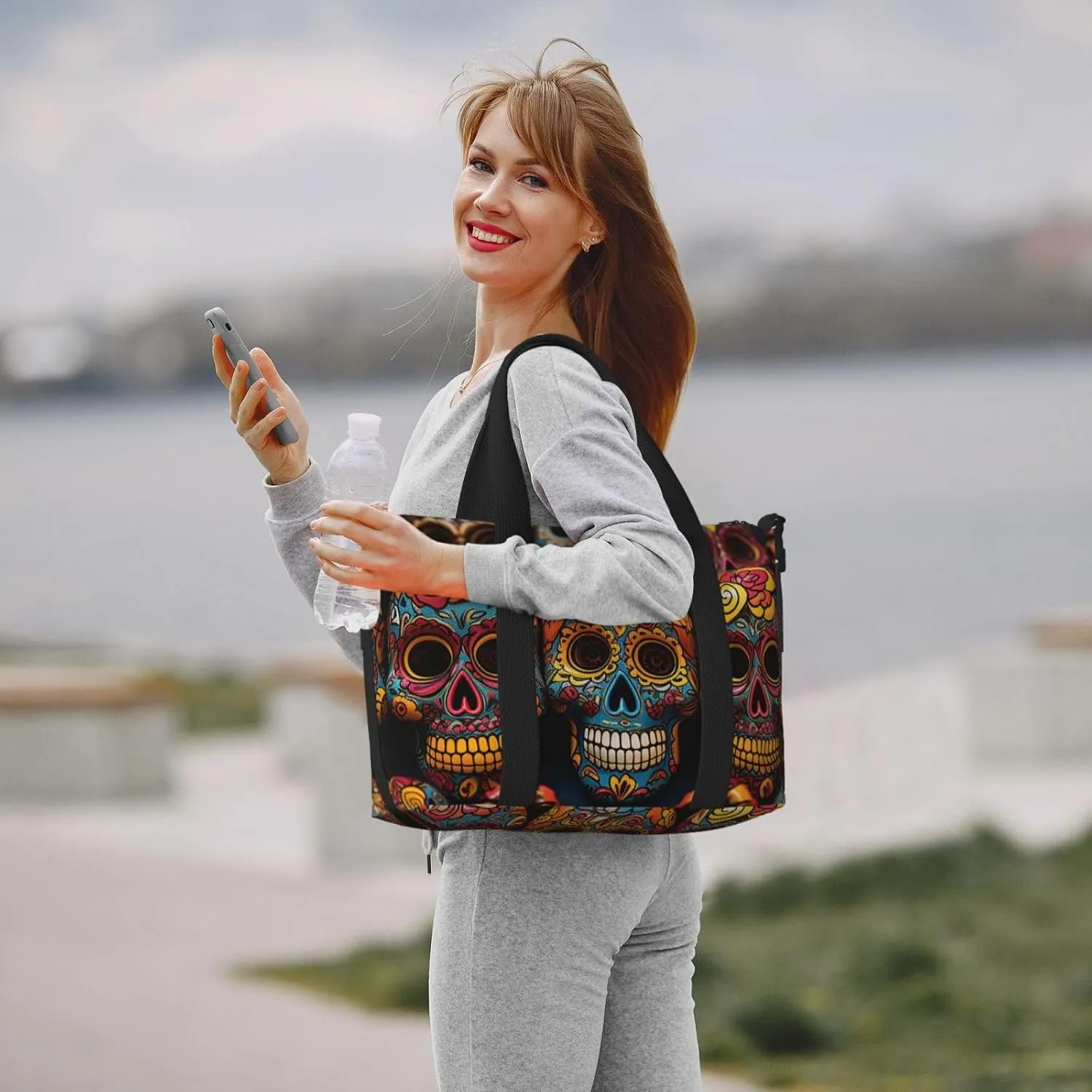 Gym Bags Small Colorful Sugar Skulls Duffel Bag Overnight Bag with Shoe Compartment Carryon Bag for Men Women