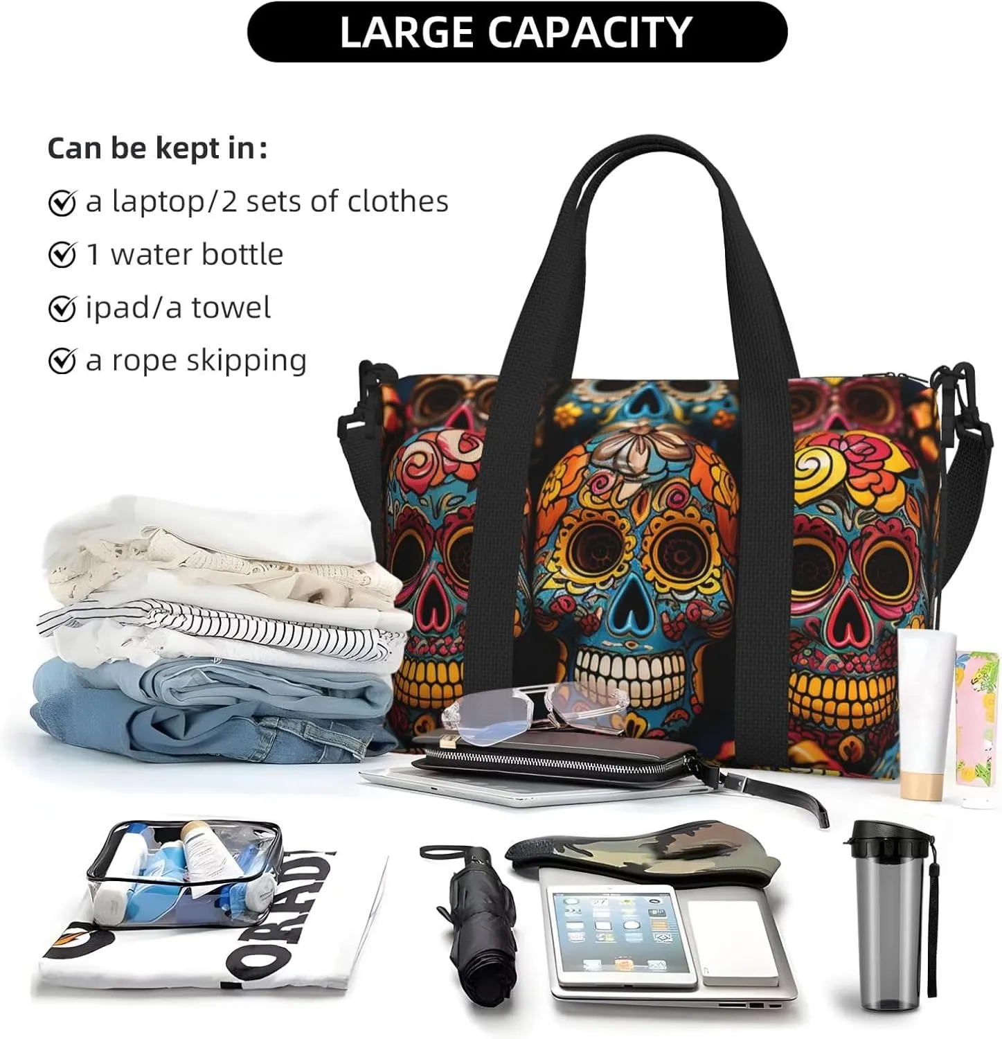 Gym Bags Small Colorful Sugar Skulls Duffel Bag Overnight Bag with Shoe Compartment Carryon Bag for Men Women