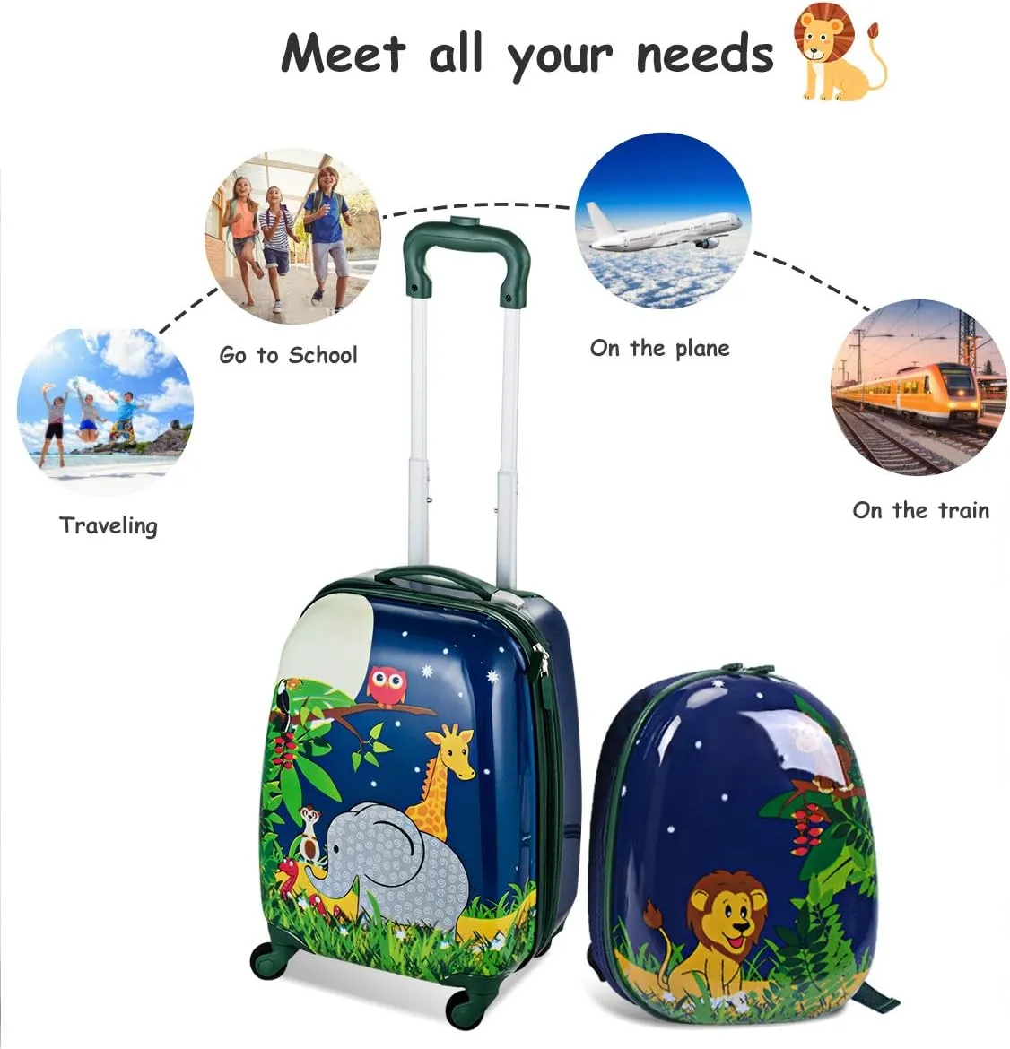 GYMAX Kids Carry On Luggage Set, 12" & 16" 2PCS Rolling Suitcase