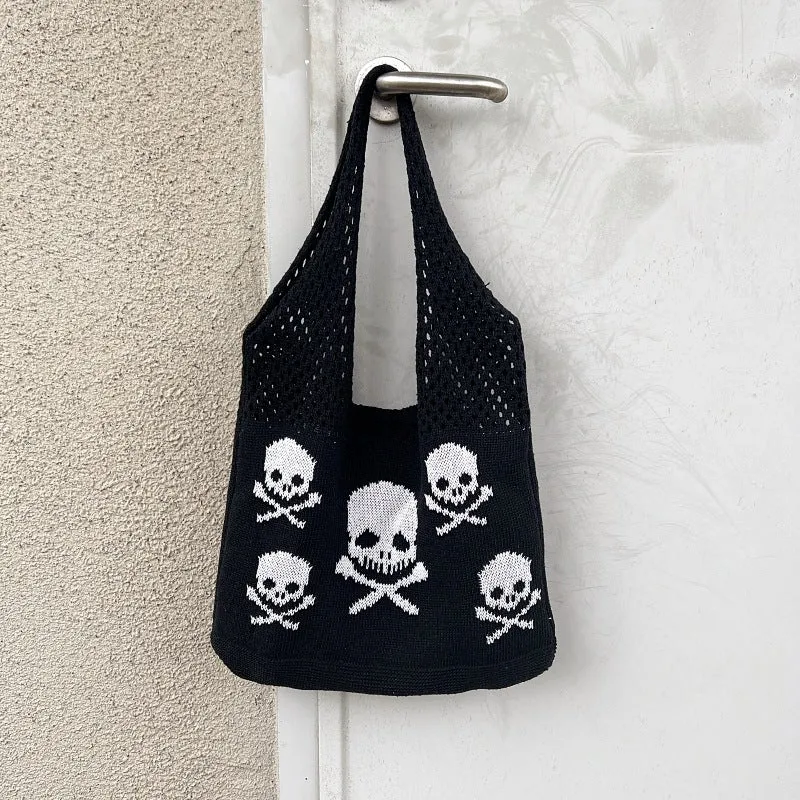 Halloween Skull Knitted Shoulder Bag Funny Personality Shopping Bags For Women Hollow Handbags