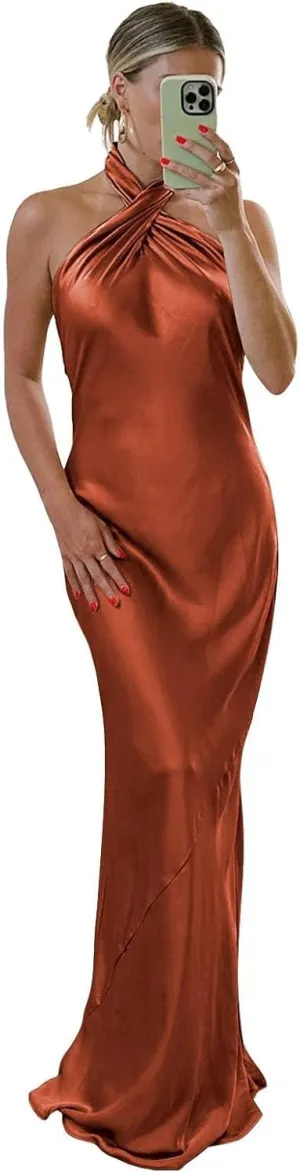 Halter Satin Bridesmaid Dresses for Women Long Bodycon Prom Dress Ruched Evening Formal Gowns