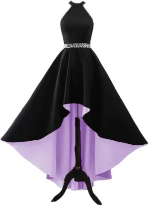 Halter Satin Prom Dresses for Women High Low Ball Gowns Beaded A-line Formal Dress Wedding Party Gown with Pockets