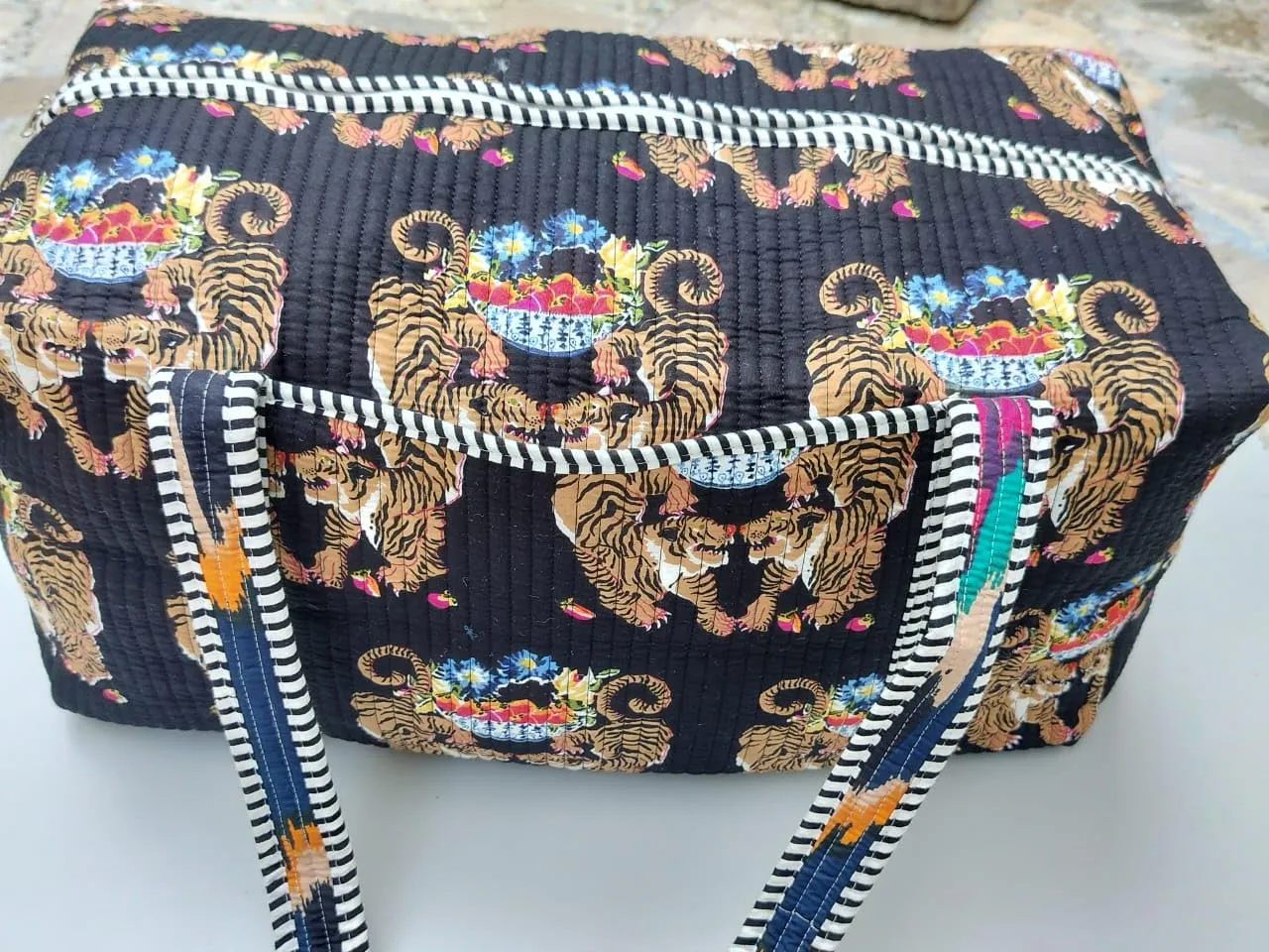 Handmade Indian Pure Cotton Very Beautiful Quilted Duffle Bag Block Printed Multiuse Shopping Carry Duffle Bag.
