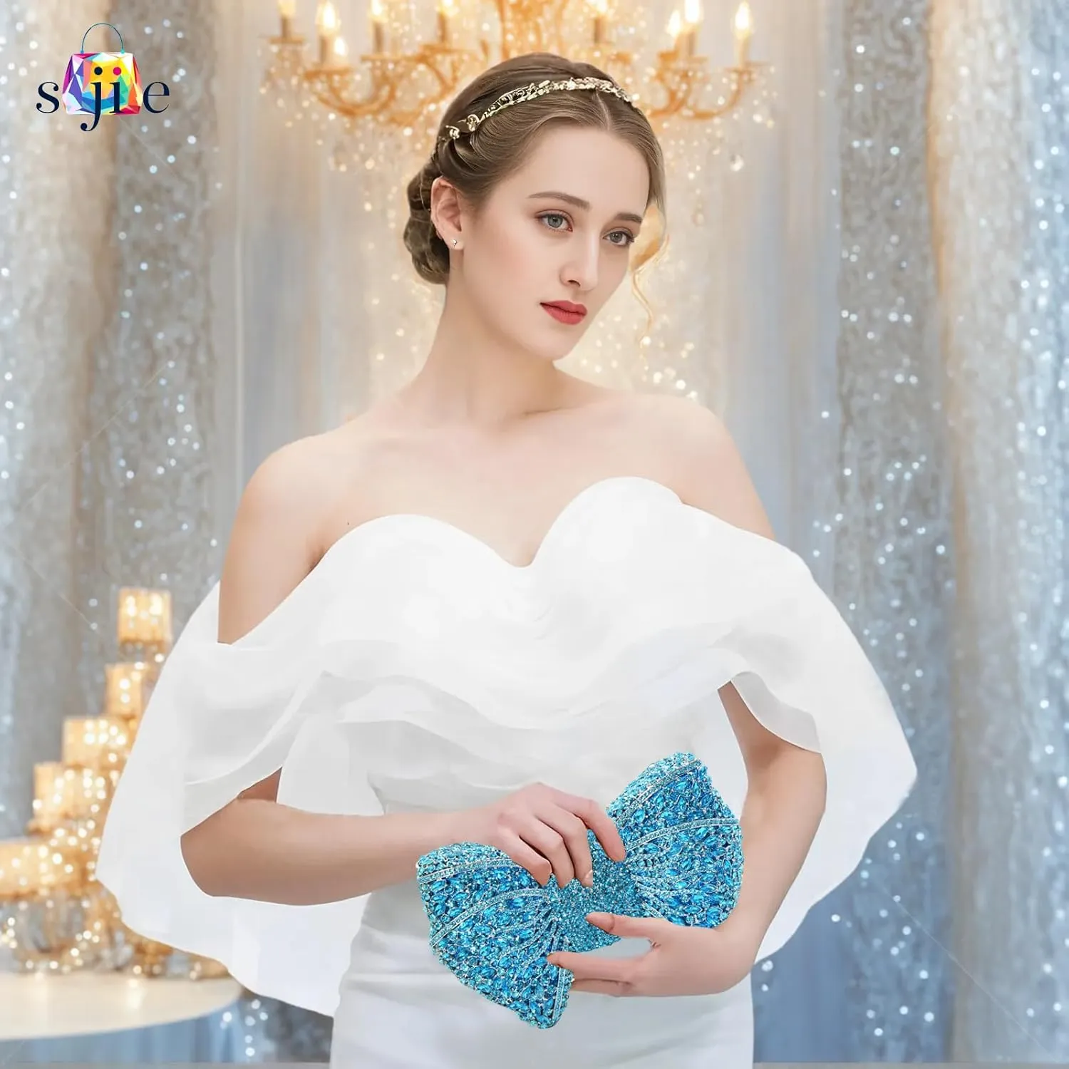 Handmade Inlay Rhinestone Bow Clutch Bag for Women, Sparkling Evening Party Wedding Purse with Detachable Pearl Chain Strap