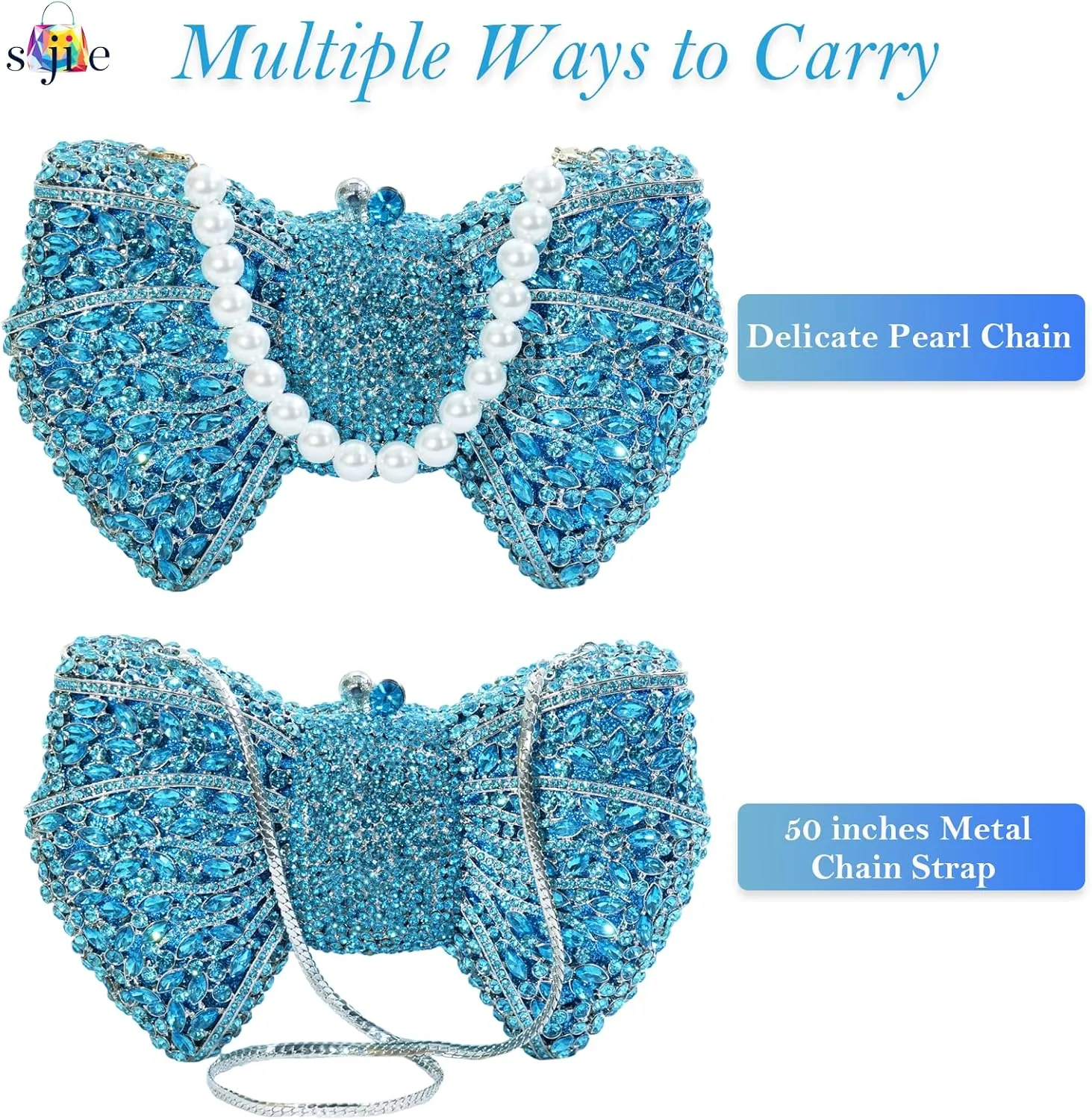 Handmade Inlay Rhinestone Bow Clutch Bag for Women, Sparkling Evening Party Wedding Purse with Detachable Pearl Chain Strap