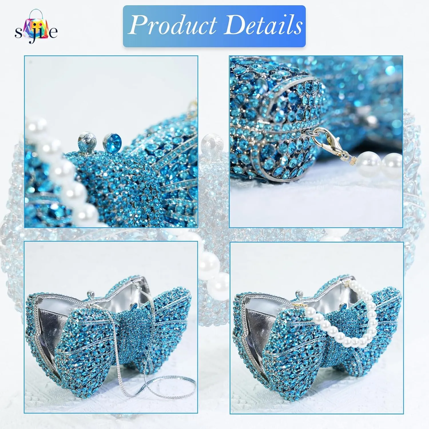 Handmade Inlay Rhinestone Bow Clutch Bag for Women, Sparkling Evening Party Wedding Purse with Detachable Pearl Chain Strap