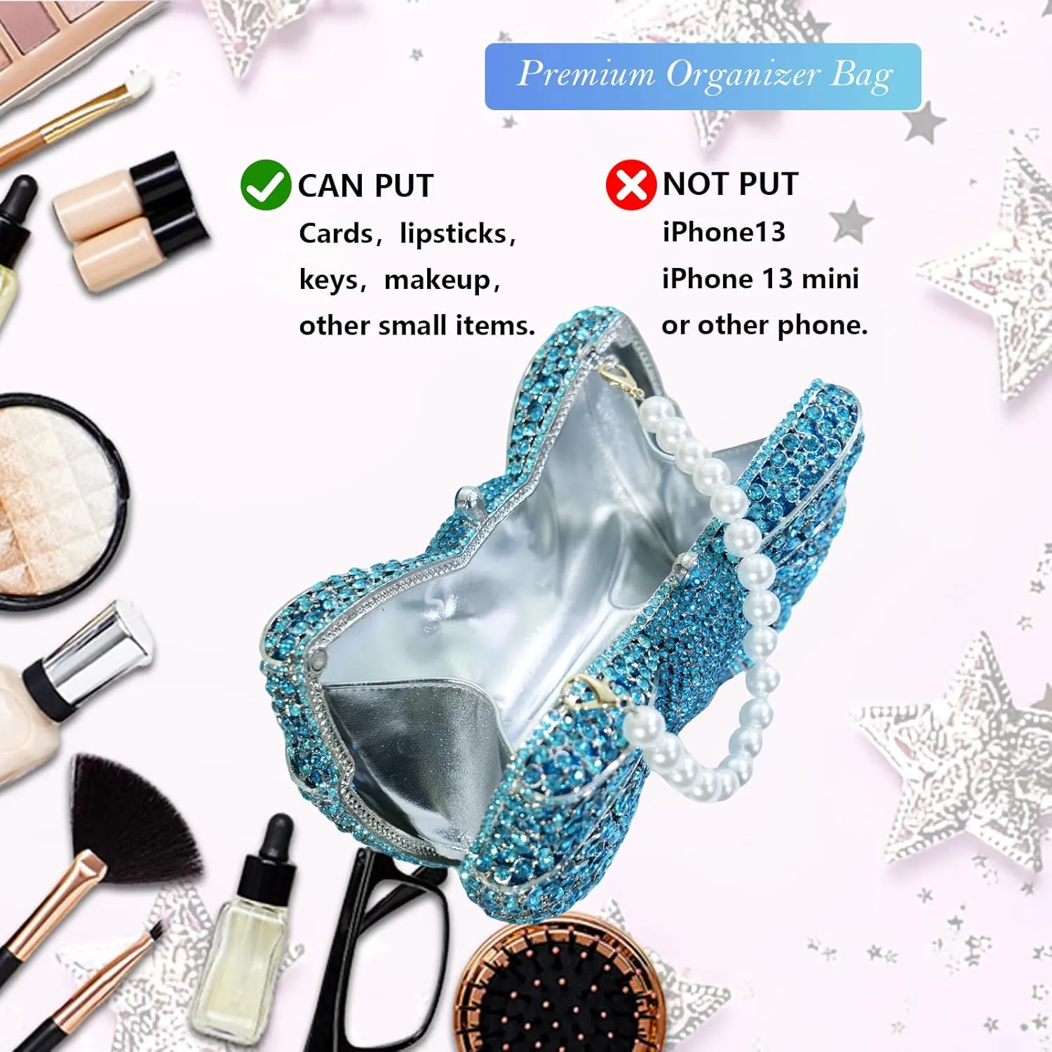 Handmade Inlay Rhinestone Bow Clutch Bag for Women, Sparkling Evening Party Wedding Purse with Detachable Pearl Chain Strap