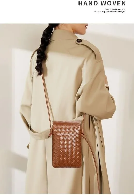 Handwoven PU Leather Phone Crossbody Bag - Stylish and Compact