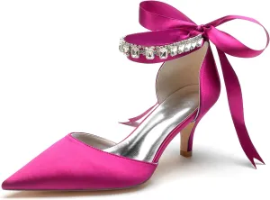 Hanfike Satin Evening Dress Shoes for Bridal Bridesmaids Ankle Chains Evening Prom Pumps with Ribbon JY136