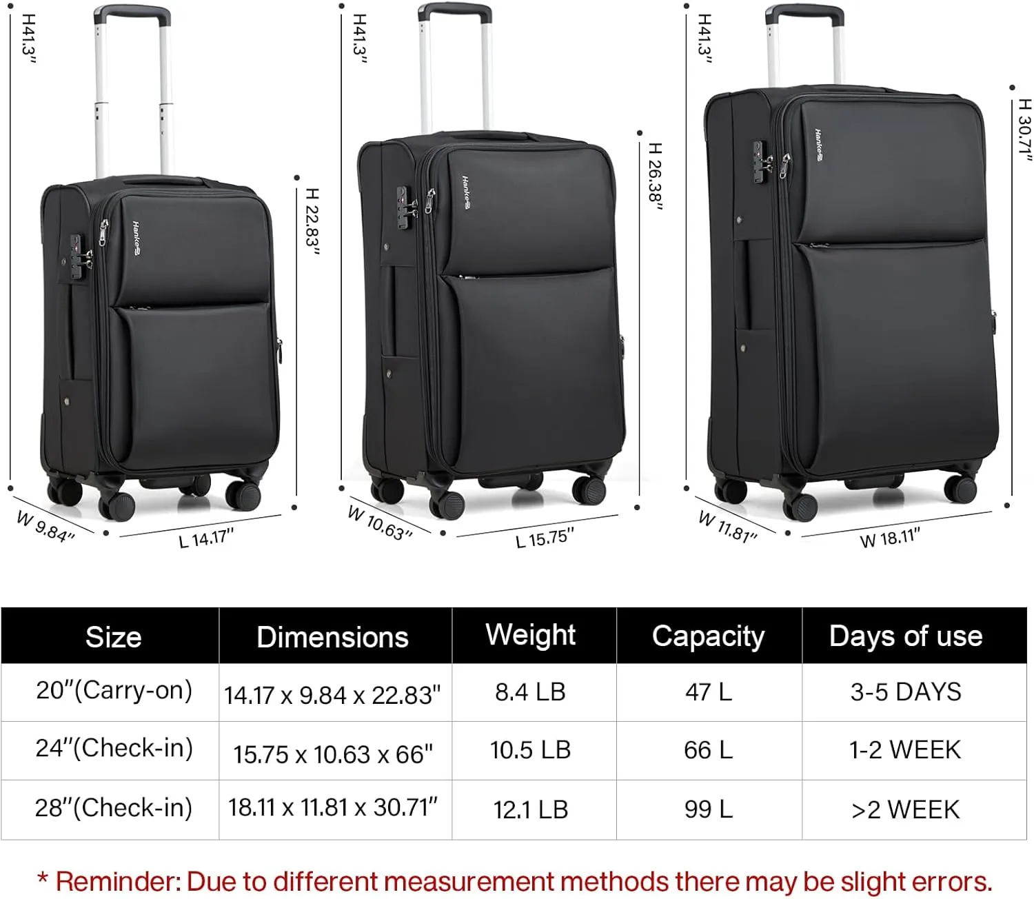 Hanke Softside Expandable 20 Inch Carry On Luggage with Wheels Airline Approved, TSA Luggage Lightweight Rolling Suitcases for Travel Carry On Bag(Black)