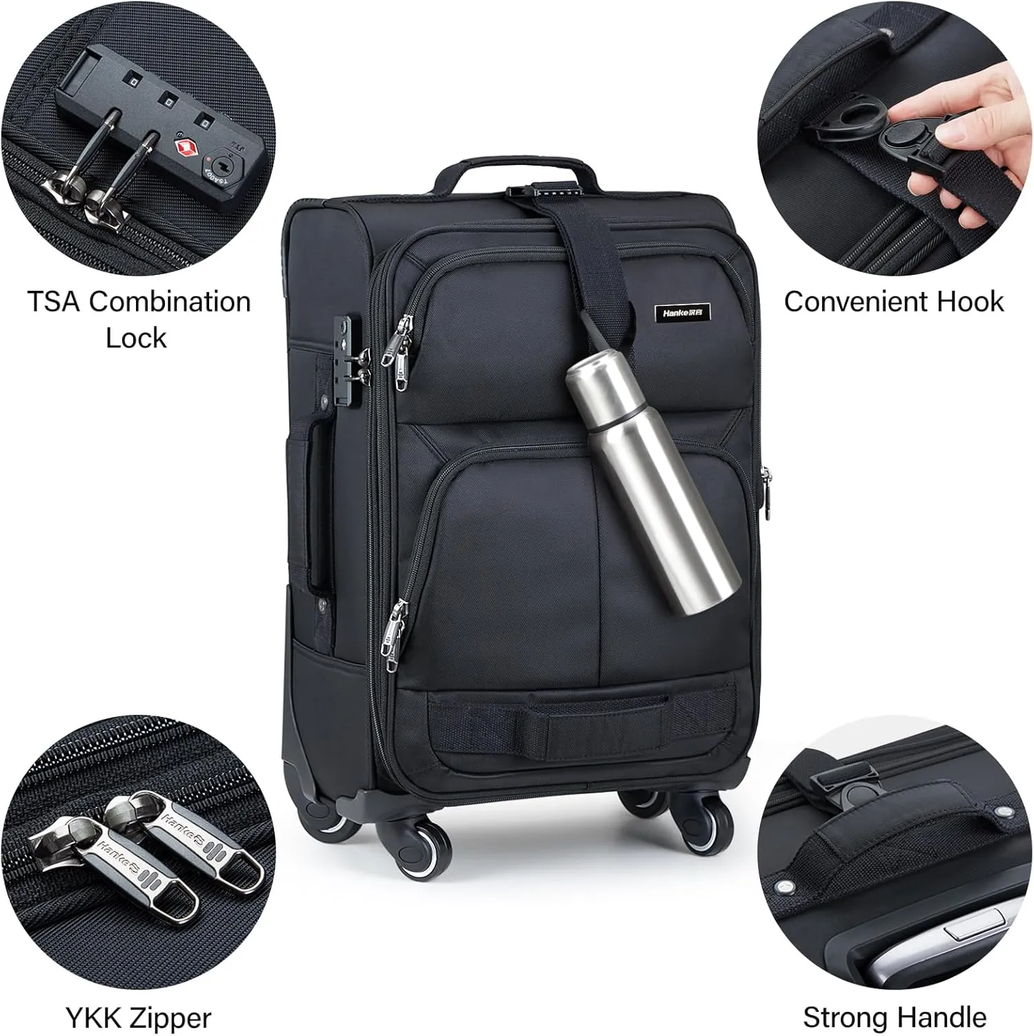 Hanke Softside Expandable Luggage with Spinner Wheels, Multi-function Tsa Approved Luggage,Black,Checked-Medium 24-Inch