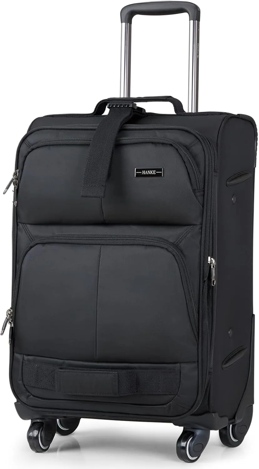 Hanke Softside Expandable Luggage with Spinner Wheels, Multi-function Tsa Approved Luggage,Black,Checked-Medium 24-Inch