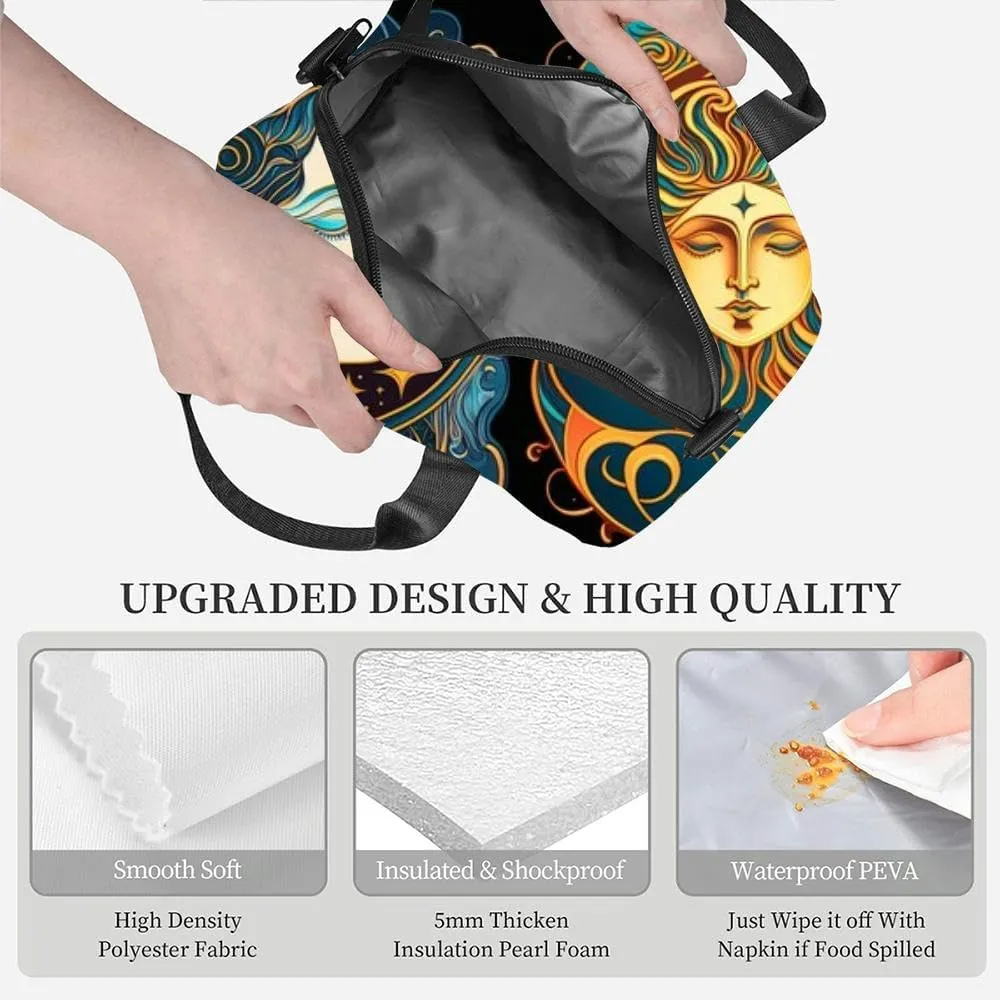 Happy abstract astral shape moon and sun art nouveau expressionism Insulated Adult Lunch Bag with Shoulder Strap for Women Lightweight Reusable Portable Freezable Lunch Tote Bag for Work Picnic