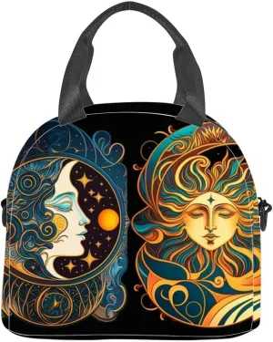 Happy abstract astral shape moon and sun art nouveau expressionism Insulated Adult Lunch Bag with Shoulder Strap for Women Lightweight Reusable Portable Freezable Lunch Tote Bag for Work Picnic