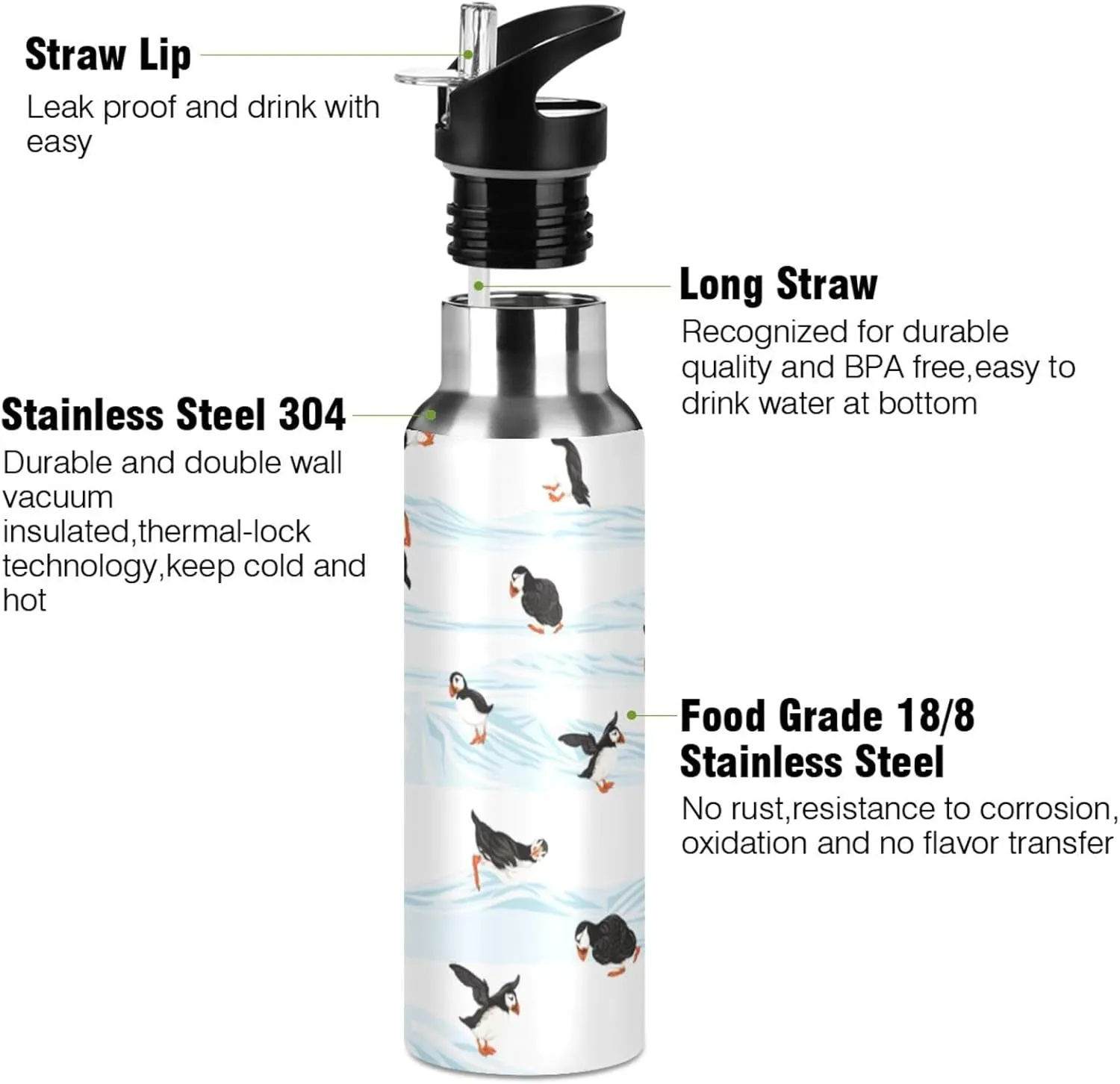 Happy Arctic Puffins Water Bottle with Straw Lid, BPA Free Leakproof Vacuum Insulated Stainless Steel, 20 Oz Hot Cold Thermal Flask Drinking Bottle for Gym Fitness Outdoor Sport