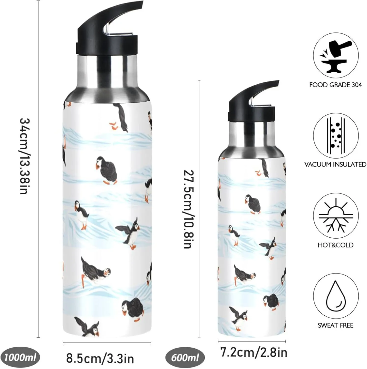 Happy Arctic Puffins Water Bottle with Straw Lid, BPA Free Leakproof Vacuum Insulated Stainless Steel, 20 Oz Hot Cold Thermal Flask Drinking Bottle for Gym Fitness Outdoor Sport