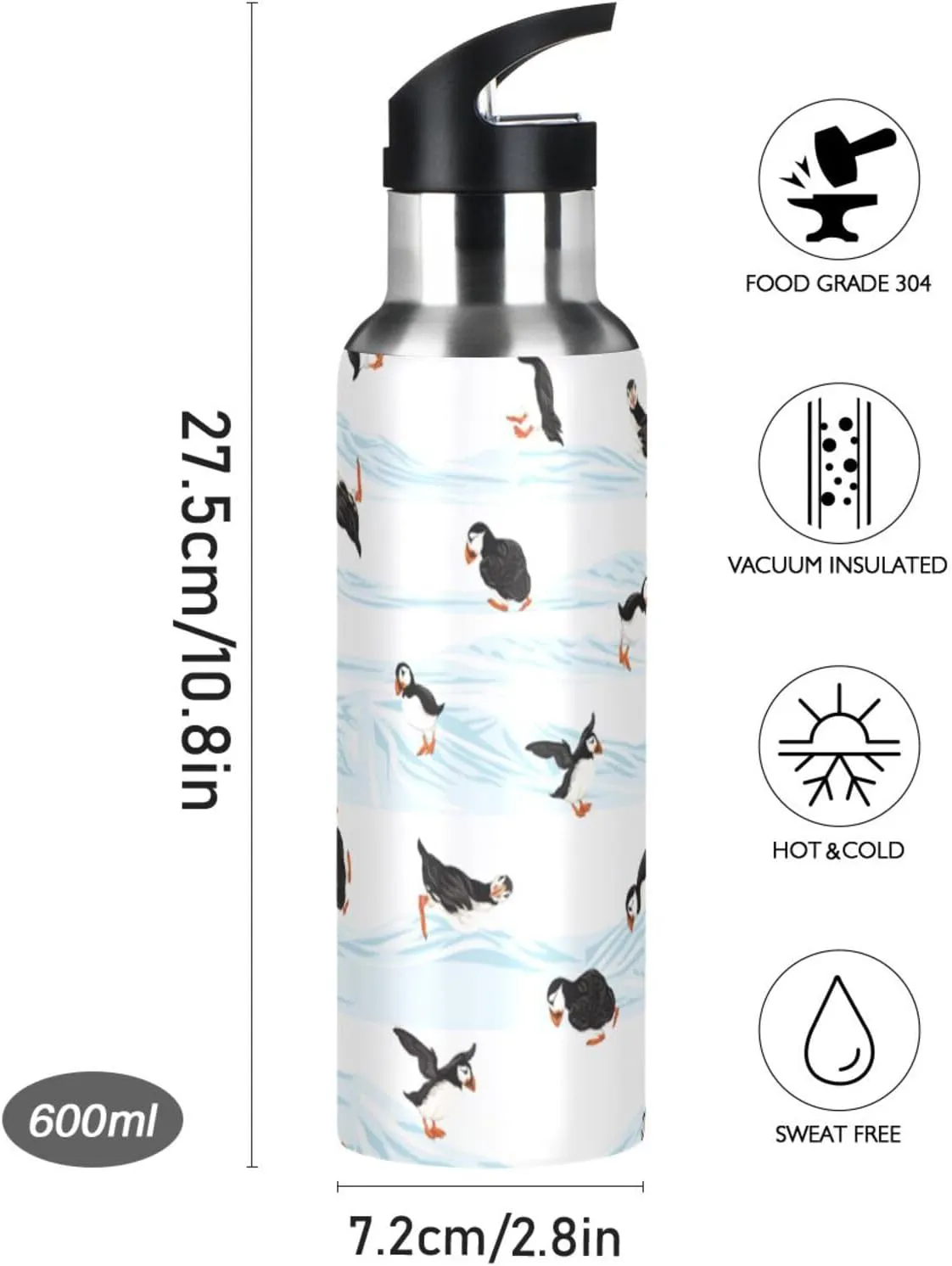Happy Arctic Puffins Water Bottle with Straw Lid, BPA Free Leakproof Vacuum Insulated Stainless Steel, 20 Oz Hot Cold Thermal Flask Drinking Bottle for Gym Fitness Outdoor Sport
