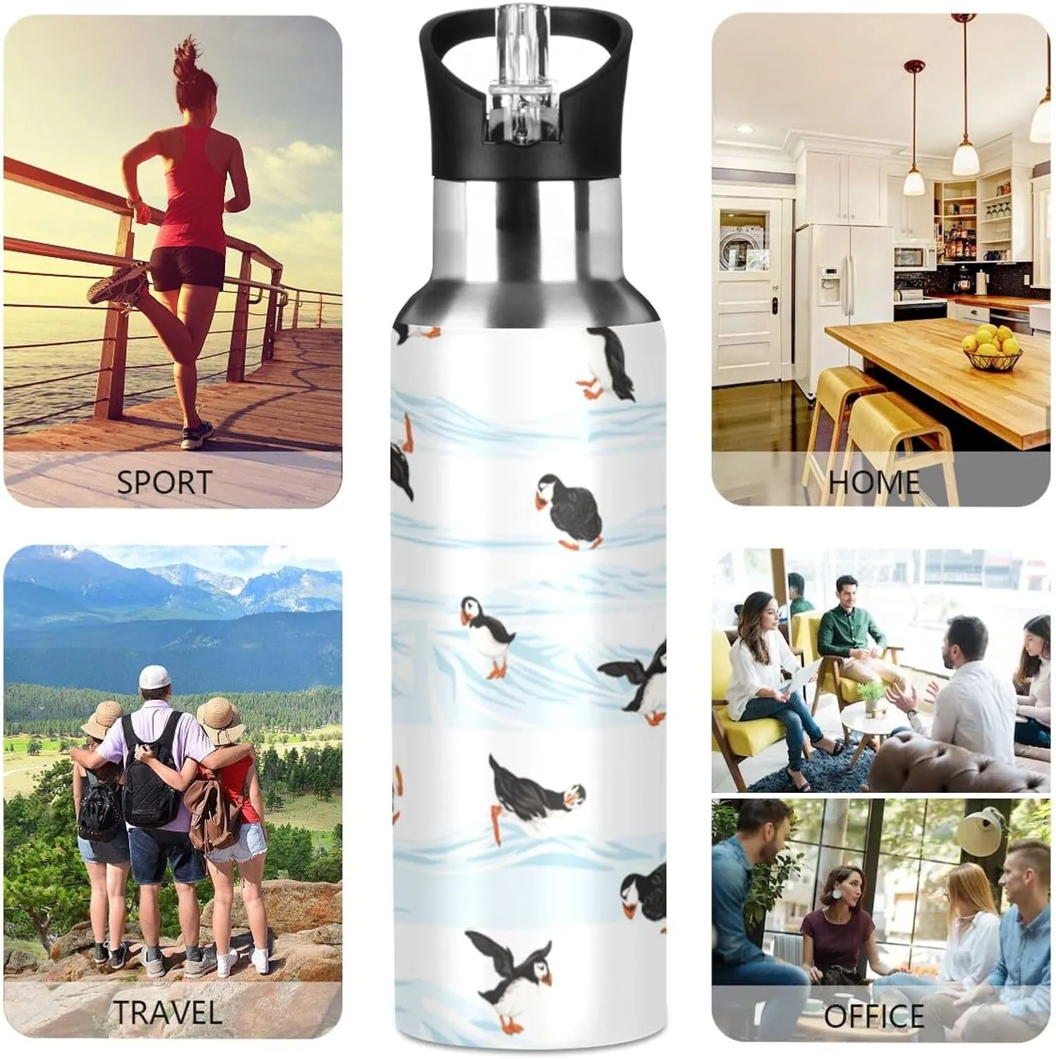 Happy Arctic Puffins Water Bottle with Straw Lid, BPA Free Leakproof Vacuum Insulated Stainless Steel, 20 Oz Hot Cold Thermal Flask Drinking Bottle for Gym Fitness Outdoor Sport