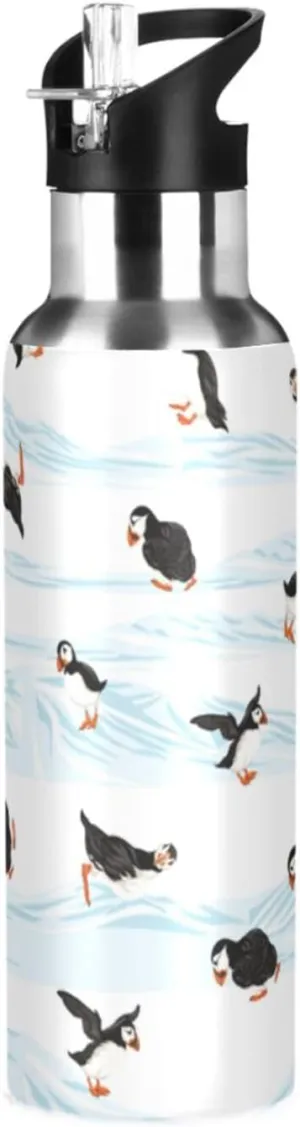 Happy Arctic Puffins Water Bottle with Straw Lid, BPA Free Leakproof Vacuum Insulated Stainless Steel, 20 Oz Hot Cold Thermal Flask Drinking Bottle for Gym Fitness Outdoor Sport