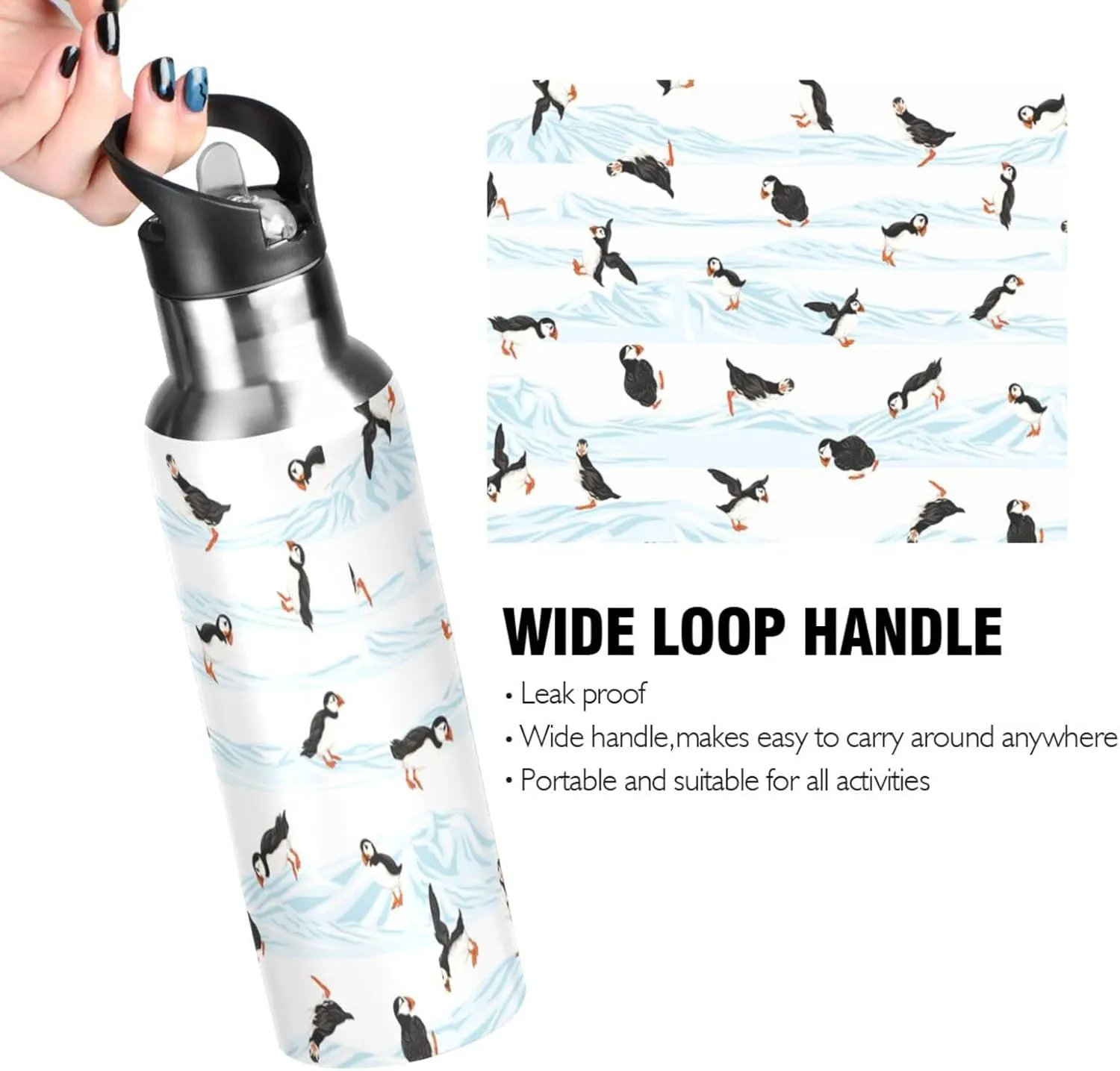 Happy Arctic Puffins Water Bottle with Straw Lid, BPA Free Leakproof Vacuum Insulated Stainless Steel, 20 Oz Hot Cold Thermal Flask Drinking Bottle for Gym Fitness Outdoor Sport