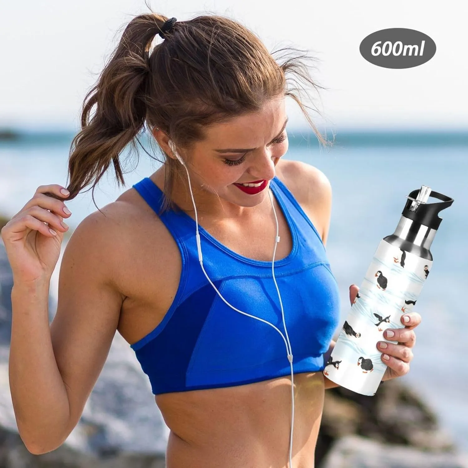 Happy Arctic Puffins Water Bottle with Straw Lid, BPA Free Leakproof Vacuum Insulated Stainless Steel, 20 Oz Hot Cold Thermal Flask Drinking Bottle for Gym Fitness Outdoor Sport