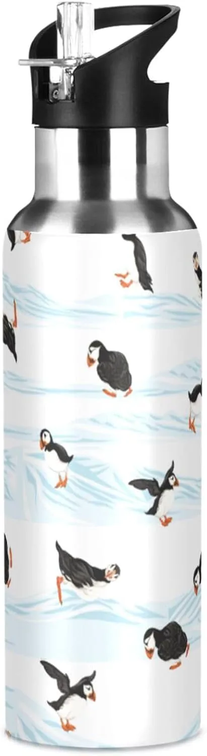 Happy Arctic Puffins Water Bottle with Straw Lid, BPA Free Leakproof Vacuum Insulated Stainless Steel, 20 Oz Hot Cold Thermal Flask Drinking Bottle for Gym Fitness Outdoor Sport