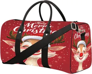 Happy Christmas Elk Travel Duffel Bag for Women Men Small Sport Gym Bag Waterproof Weekender Overnight Lightweight Carry on Foldable Gym Bag for Training Swim Yoga Traveling Handbag