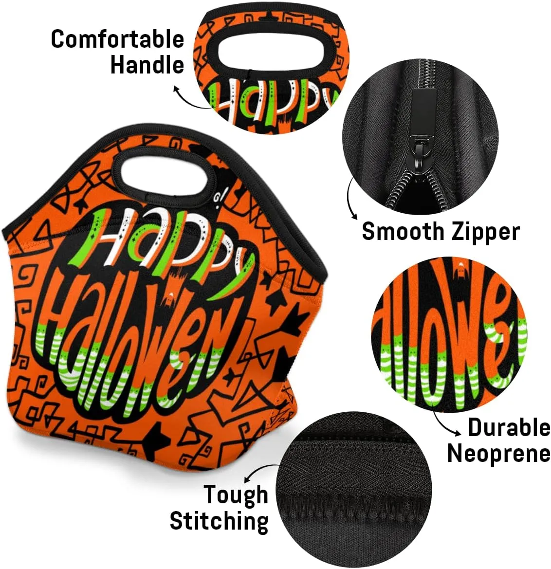 Happy Halloween Topic Neoprene Lunch Bag Reusable Insulated Lunch Box Soft Lightweight Lunch Tote Bag for Women Men Work Office Washable Meal Prep Bags