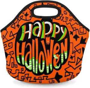Happy Halloween Topic Neoprene Lunch Bag Reusable Insulated Lunch Box Soft Lightweight Lunch Tote Bag for Women Men Work Office Washable Meal Prep Bags