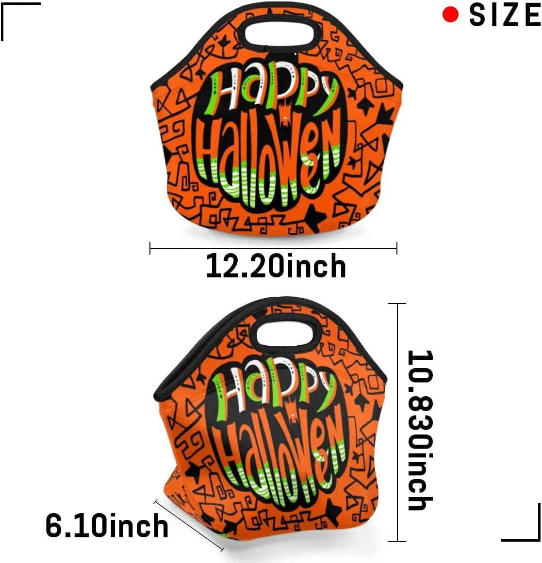 Happy Halloween Topic Neoprene Lunch Bag Reusable Insulated Lunch Box Soft Lightweight Lunch Tote Bag for Women Men Work Office Washable Meal Prep Bags
