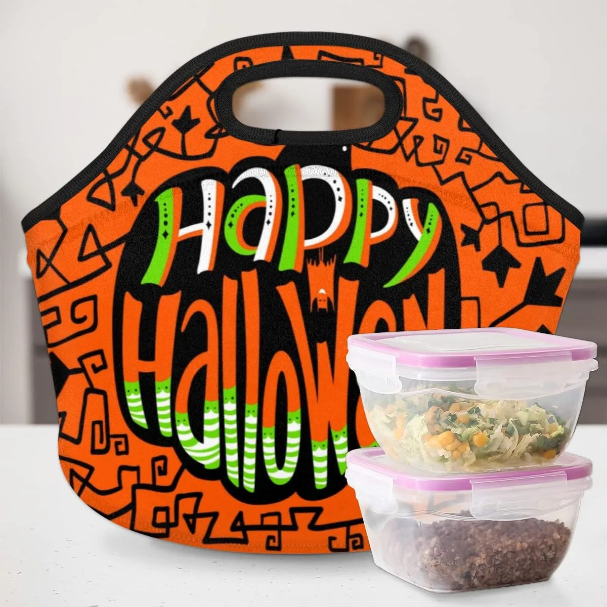 Happy Halloween Topic Neoprene Lunch Bag Reusable Insulated Lunch Box Soft Lightweight Lunch Tote Bag for Women Men Work Office Washable Meal Prep Bags