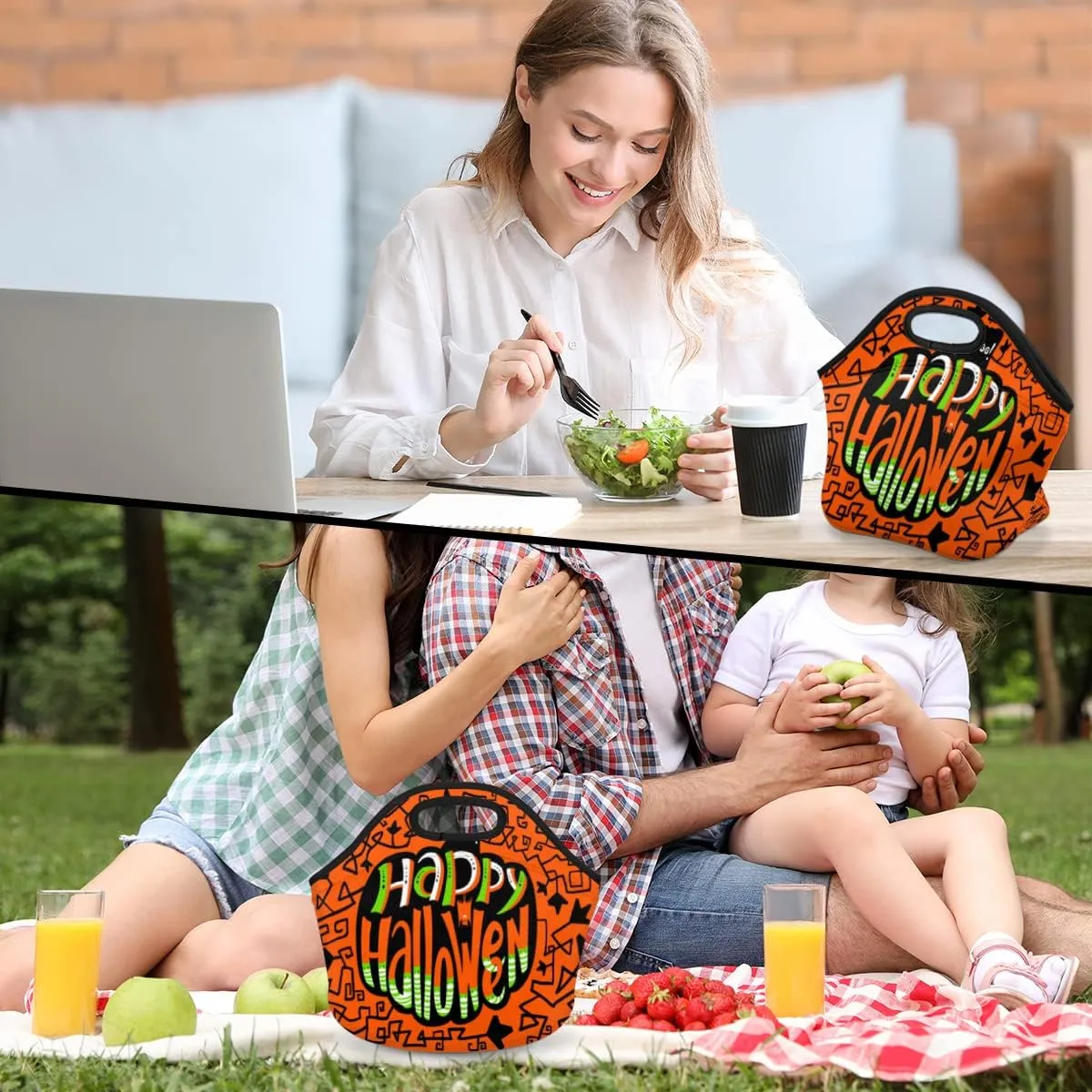 Happy Halloween Topic Neoprene Lunch Bag Reusable Insulated Lunch Box Soft Lightweight Lunch Tote Bag for Women Men Work Office Washable Meal Prep Bags
