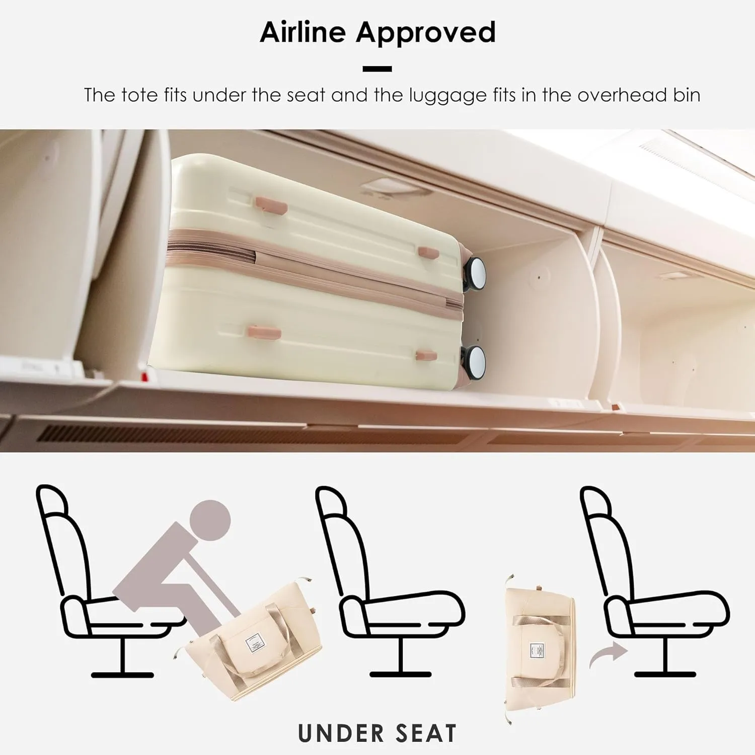 Hard-shell Carry-on Durable Luggage, Front Opening 20-Inch Carry-On Luggage with Expandable Travel Bag Set, ABS Hard Shell Two-piece suitcase set with USB Port, Cup Holder (Beige)