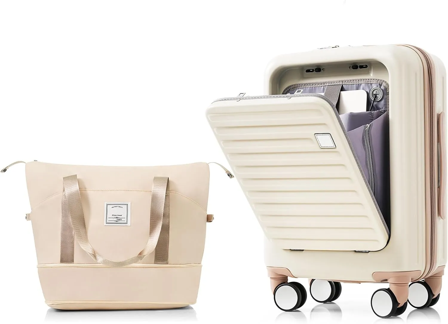 Hard-shell Carry-on Durable Luggage, Front Opening 20-Inch Carry-On Luggage with Expandable Travel Bag Set, ABS Hard Shell Two-piece suitcase set with USB Port, Cup Holder (Beige)