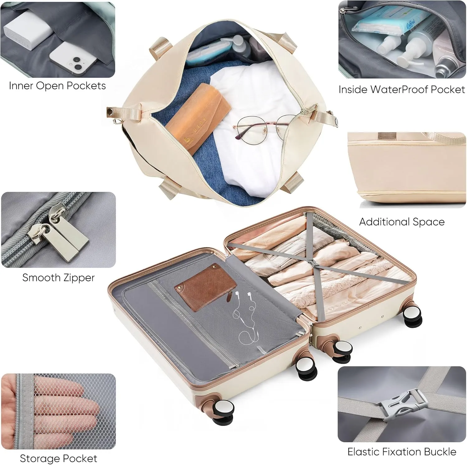 Hard-shell Carry-on Durable Luggage, Front Opening 20-Inch Carry-On Luggage with Expandable Travel Bag Set, ABS Hard Shell Two-piece suitcase set with USB Port, Cup Holder (Beige)