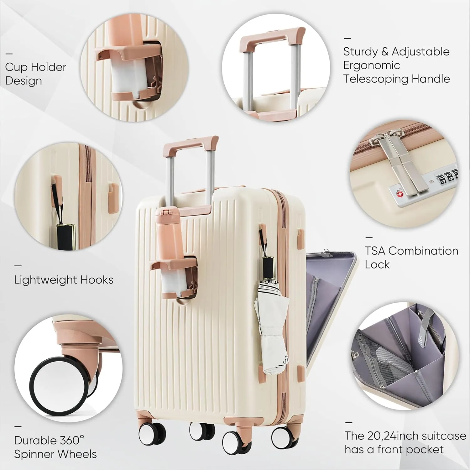 Hard-shell Carry-on Durable Luggage, Front Opening 20-Inch Carry-On Luggage with Expandable Travel Bag Set, ABS Hard Shell Two-piece suitcase set with USB Port, Cup Holder (Beige)