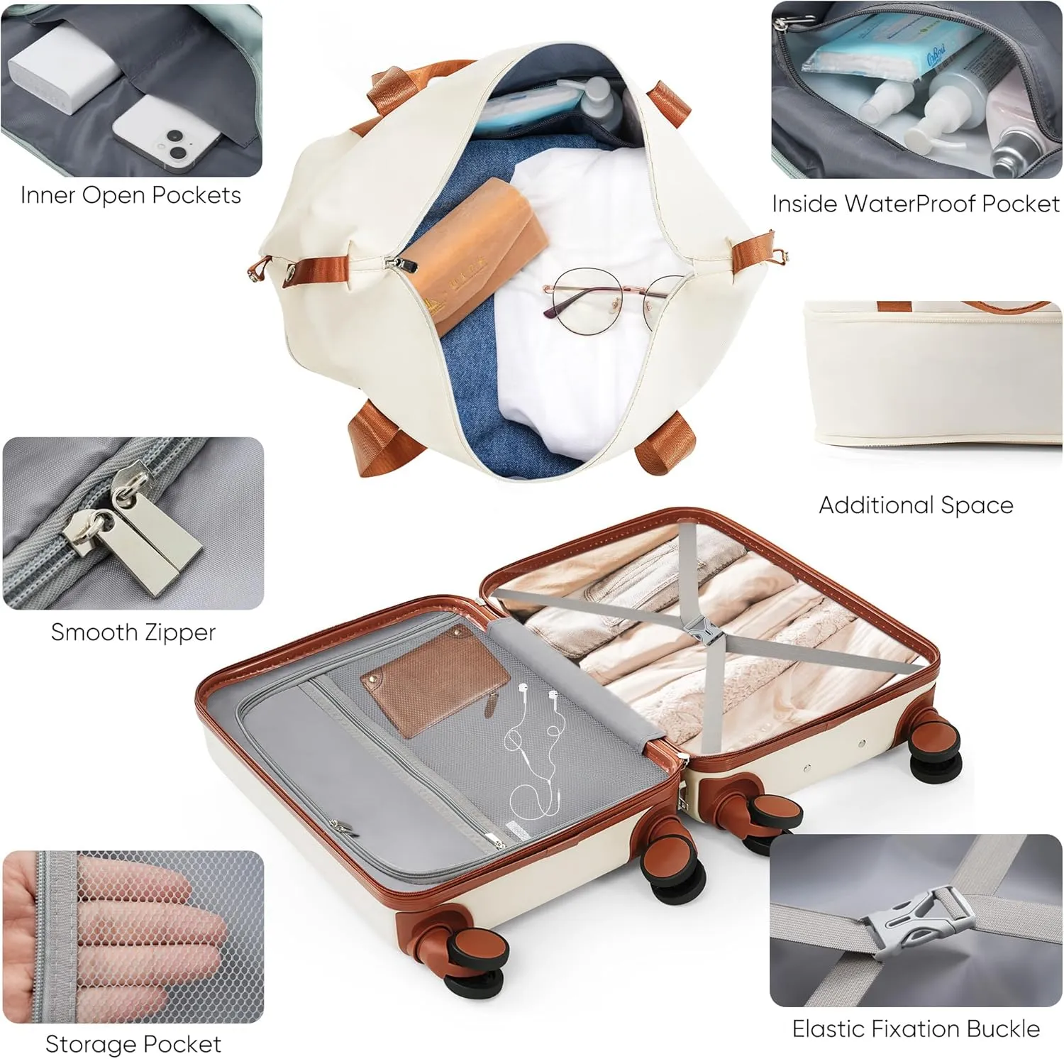 Hard-shell Carry-on Durable Luggage, Front Opening 20-Inch Carry-On Luggage with Expandable Travel Bag Set, ABS Hard Shell Two-piece suitcase set with USB Port, Cup Holder (Ivory)