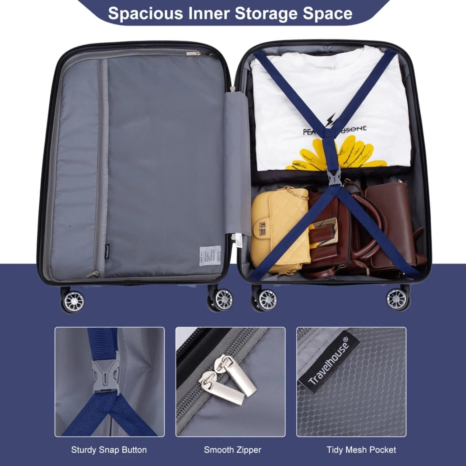 Hardshell Suitcase Double Spinner Wheels PP Luggage Sets Lightweight Durable Suitcase with Lock,3-Piece Set (20/24/28) (Navy   Polypropylene)