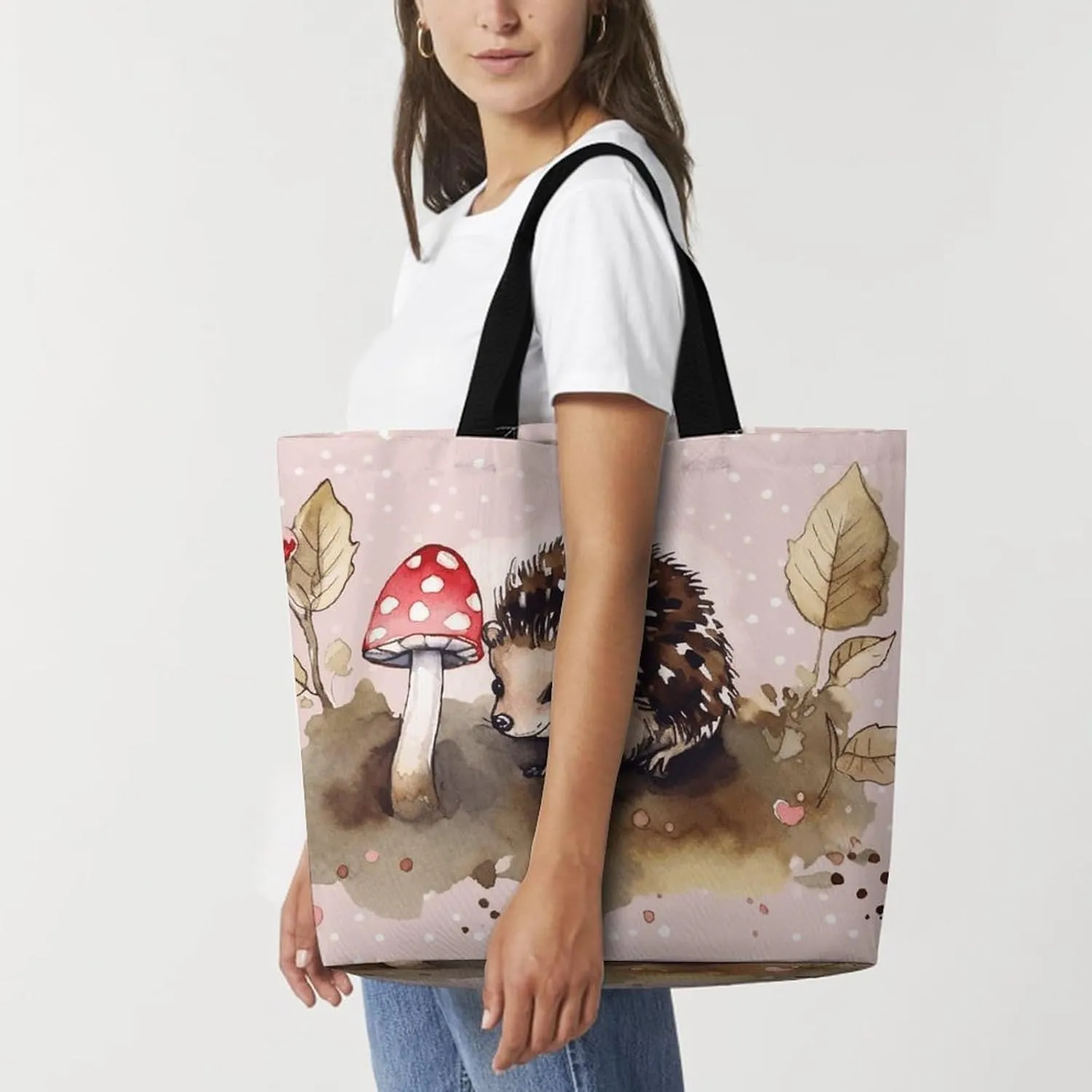 Hedgehog Watercolor Painting Tote Bags, Reusable Grocery Bags, Large Shopping Bag, Shoulder Bag for Women