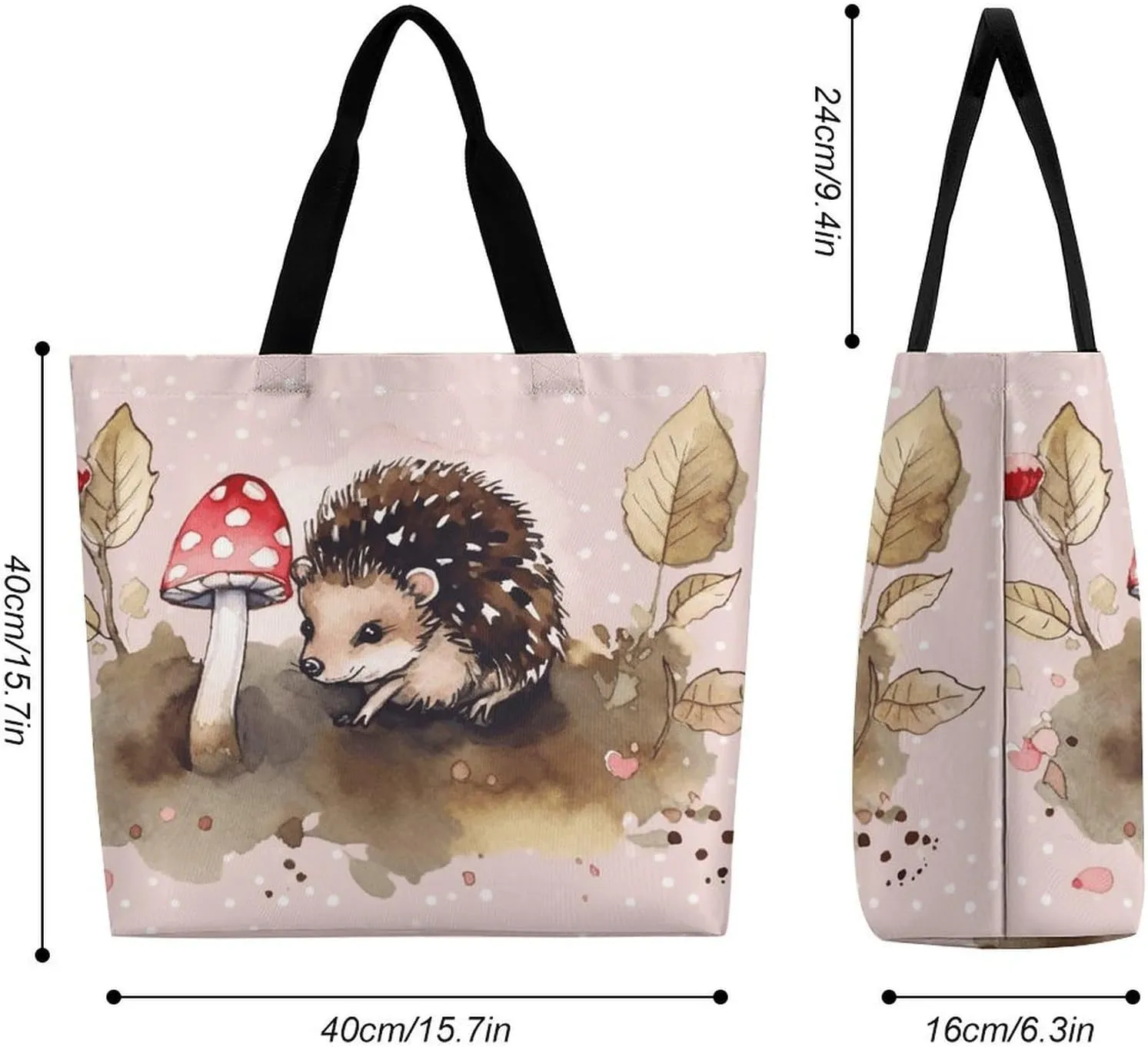 Hedgehog Watercolor Painting Tote Bags, Reusable Grocery Bags, Large Shopping Bag, Shoulder Bag for Women