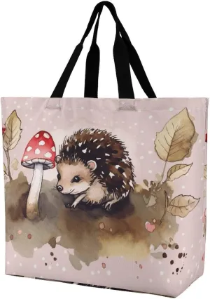 Hedgehog Watercolor Painting Tote Bags, Reusable Grocery Bags, Large Shopping Bag, Shoulder Bag for Women
