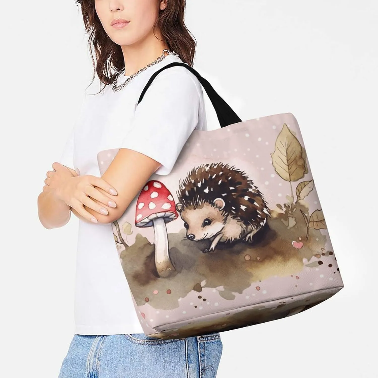 Hedgehog Watercolor Painting Tote Bags, Reusable Grocery Bags, Large Shopping Bag, Shoulder Bag for Women