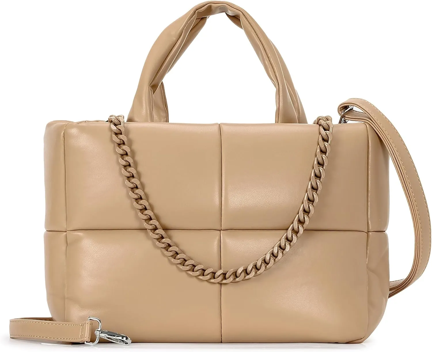 Herald Puffer Tote Bag for Women, Soft PU Leather Puffy Quilted Shoulder Crossbody Purse with Adjustable Strap & Chain
