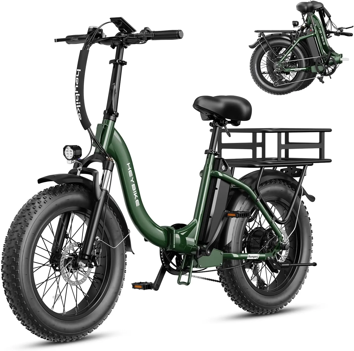Heybike Ranger Electric Bike for Adults, Peak 1400W Upgraded Motor Ebike, 28MPH [20" Fat Tire All-Terrain] 600Wh Removable Battery Folding Step-Thru E Bike with Front Suspension