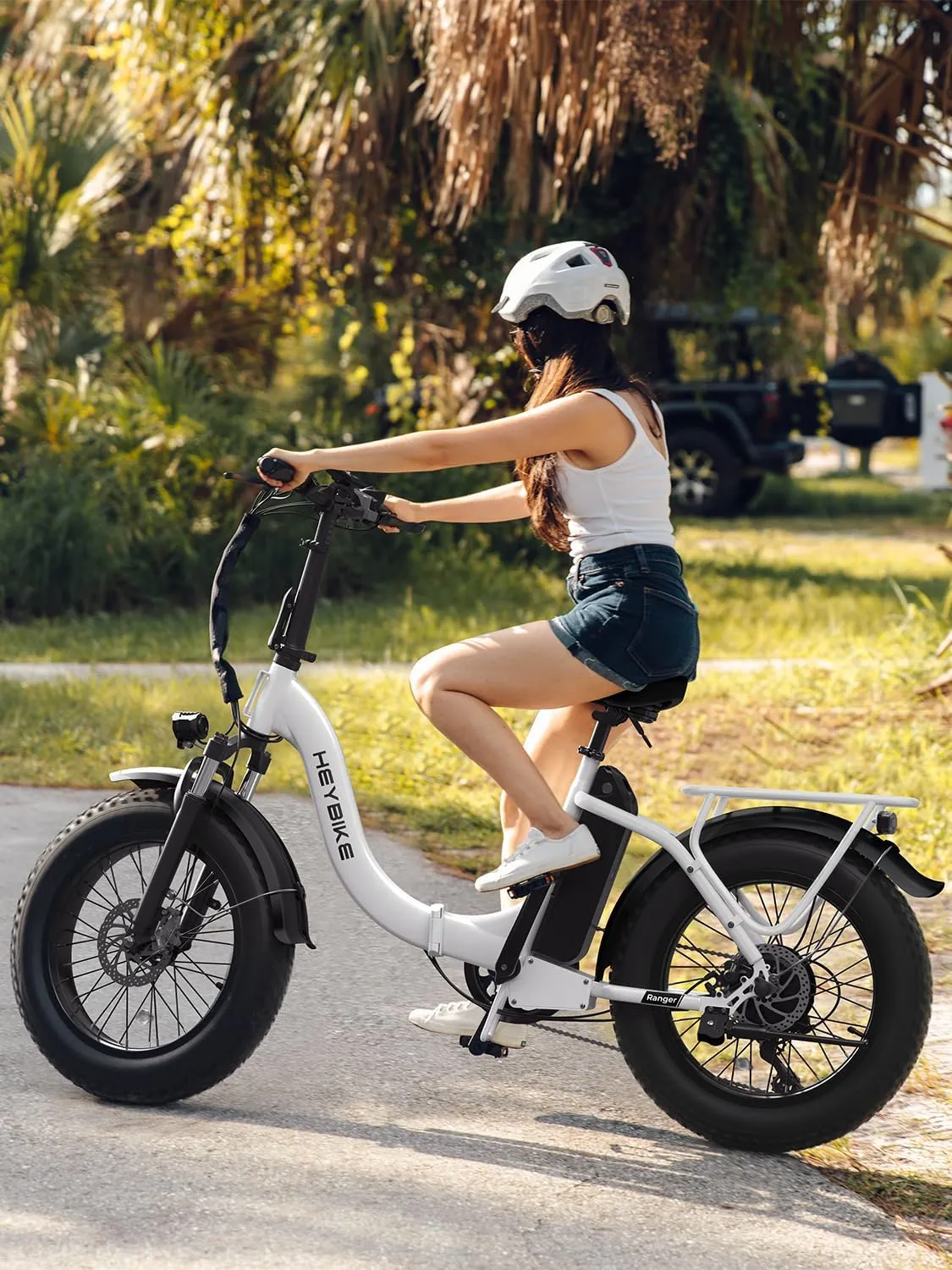 Heybike Ranger Electric Bike for Adults, Peak 1400W Upgraded Motor Ebike, 28MPH [20" Fat Tire All-Terrain] 600Wh Removable Battery Folding Step-Thru E Bike with Front Suspension