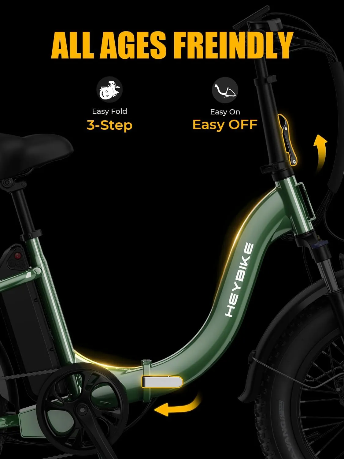 Heybike Ranger Electric Bike for Adults, Peak 1400W Upgraded Motor Ebike, 28MPH [20" Fat Tire All-Terrain] 600Wh Removable Battery Folding Step-Thru E Bike with Front Suspension