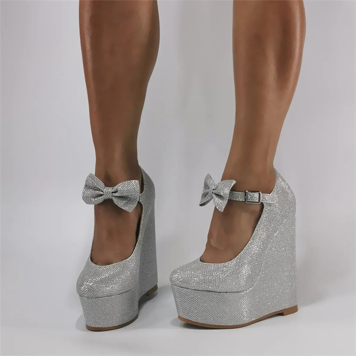 High Heels for Women | Sparkling Silver Platform Sandals with Bow Ankle Straps | Beach Weddings, Pole Dance & Evening Parties,Silver,45