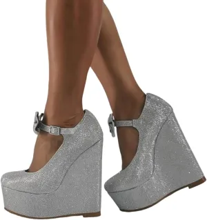 High Heels for Women | Sparkling Silver Platform Sandals with Bow Ankle Straps | Beach Weddings, Pole Dance & Evening Parties,Silver,45